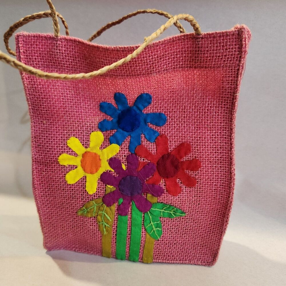 Pink Burlap Gift Bag With Flowers